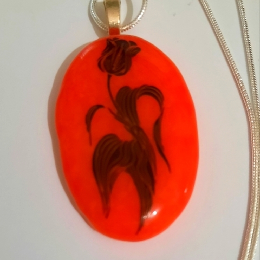ONE-OF-A-KIND Stained Glass Orange Necklace with Black Fused Flower & Foliage